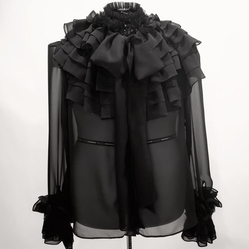 Black ruffled chiffon blouse in women's sizes XS S M L XL 2XL 3XL 4XL