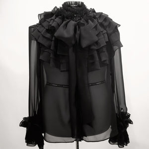 Black ruffled chiffon blouse in women's sizes XS S M L XL 2XL 3XL 4XL