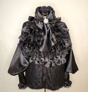 Black raglan satin-lace ruffled blouse in women's sizes XS S M L XL 2XL 3XL 4XL