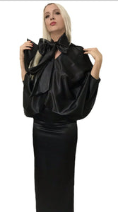 Satin V- Neck Pussy Bow Maxi Shirt Dress