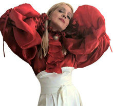 Load image into Gallery viewer, Red Frill Satin Shirt &amp; Extra Long Satin Faced Silk Organza Sleeves in sizes XS S M L XL 2XL 3XL 4XL
