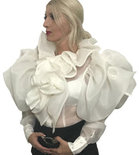 Load image into Gallery viewer, White ruffled rosette silk satin faced organza top in sizes women XS S M L XL 2XL 3XL