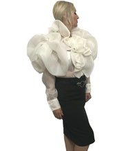 Load image into Gallery viewer, White ruffled rosette silk satin faced organza top in sizes women XS S M L XL 2XL 3XL