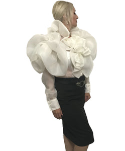 White ruffled rosette silk satin faced organza top in sizes women XS S M L XL 2XL 3XL