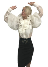 Load image into Gallery viewer, White ruffled rosette silk satin faced organza top in sizes women XS S M L XL 2XL 3XL