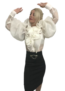 White ruffled rosette silk satin faced organza top in sizes women XS S M L XL 2XL 3XL