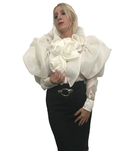 White ruffled rosette silk satin faced organza top in sizes women XS S M L XL 2XL 3XL