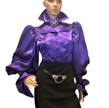 Load image into Gallery viewer, Deep purple puff sleeve satin lapel collar blouse in XS S M L XL 2XL 3XL 4XL
