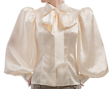 Load image into Gallery viewer, Pussy-Bow Silk Satin Ballon Sleeved Blouse