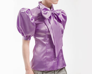 Puffy Sleeve Satin Blouse With Neck Bow
