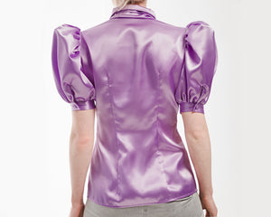 Puffy Sleeve Satin Blouse With Neck Bow