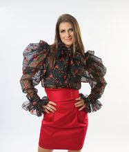 Load image into Gallery viewer, Balloon Sleeve Black Emroidered Silk Organza Ruffles Blouse in Sizes XS S M L XL 2XL 3XL 4XL