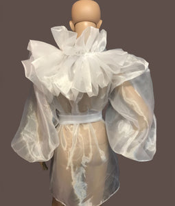 White ruffled organza blouse in sizes women XS S M L XL 2XL 3XL 4XL