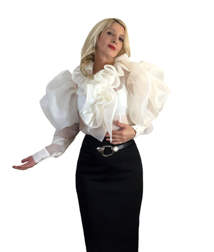 White ruffled rosette silk satin faced organza top in sizes women XS S M L XL 2XL 3XL