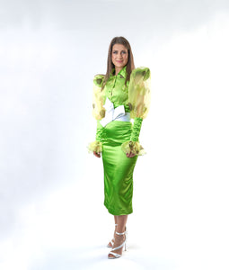 Chartreuse High Waist Satin Pencil Skirt in Sizes XS S M L XL 2XL 3XL