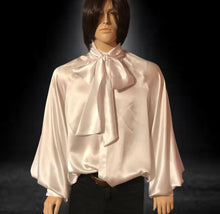 Load image into Gallery viewer, White Banded Collar Silk Charmeuse Raglan Shirt in Sizes S M L XL 2XL 3XL