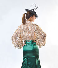 Load image into Gallery viewer, Balloon Sleeve Sequin Tiered Fringe Sheer Bow  Blouse
