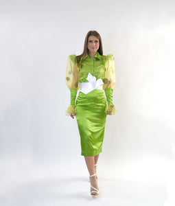 Chartreuse High Waist Satin Pencil Skirt in Sizes XS S M L XL 2XL 3XL