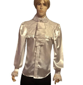 White lace-bib satin dress shirt in  sizes men S M L XL 2XL 3XL