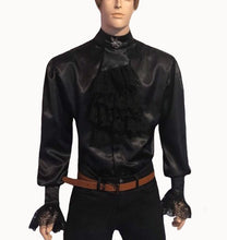 Load image into Gallery viewer, Black banded collar silk-lace dressy shirt with detachable ruffles in S M L XL 2XL 3XL
