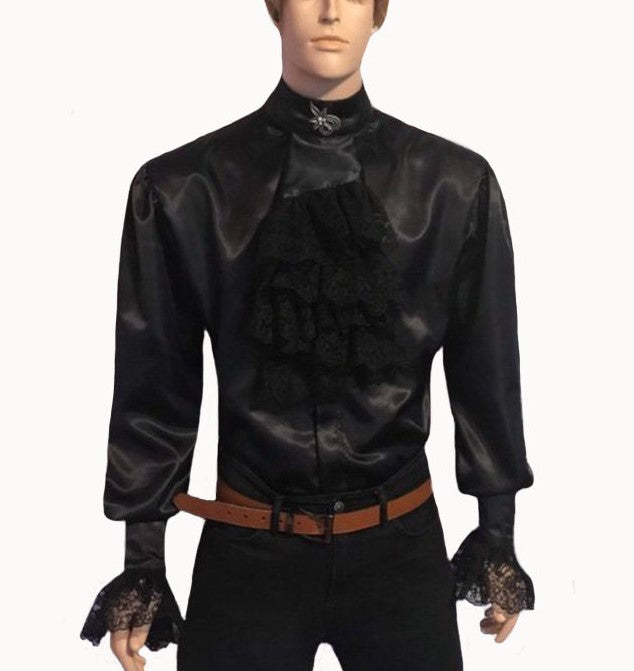 Black banded collar silk-lace dressy shirt with detachable ruffles in S M L XL 2XL 3XL