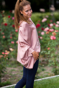 Dusty pink draped silk batwing top