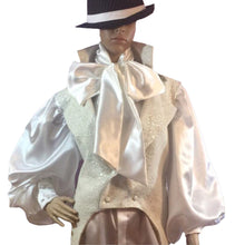 Load image into Gallery viewer, White wide sleeves satin cravat shirt in men&#39;s sizes S M L XL 2XL 3XL