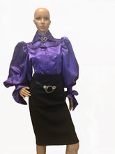 Load image into Gallery viewer, Deep purple puff sleeve satin lapel collar blouse in XS S M L XL 2XL 3XL 4XL