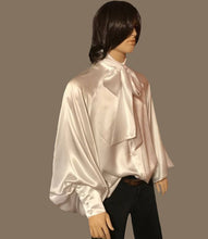 Load image into Gallery viewer, White Banded Collar Silk Charmeuse Raglan Shirt in Sizes S M L XL 2XL 3XL