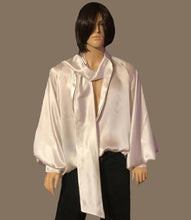 Load image into Gallery viewer, White Banded Collar Silk Charmeuse Raglan Shirt in Sizes S M L XL 2XL 3XL