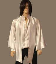 Load image into Gallery viewer, White Banded Collar Silk Charmeuse Raglan Shirt in Sizes S M L XL 2XL 3XL