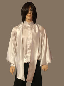 White Banded Collar Silk Charmeuse Raglan Shirt in Sizes S M L XL 2XL 3XL