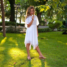 Load image into Gallery viewer, White Romantic Cotton &amp; Lace Trim Asymmetrical Kaftan Dress