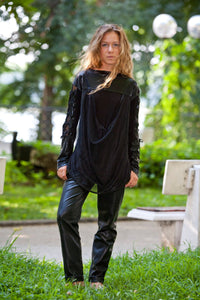Jersey&Mesh LooseFitting Blouse With Satin Elements